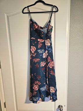 Floral Midi Dress Satin Wedding Guest Slit Size 2 Teal Pink Petal & Pup